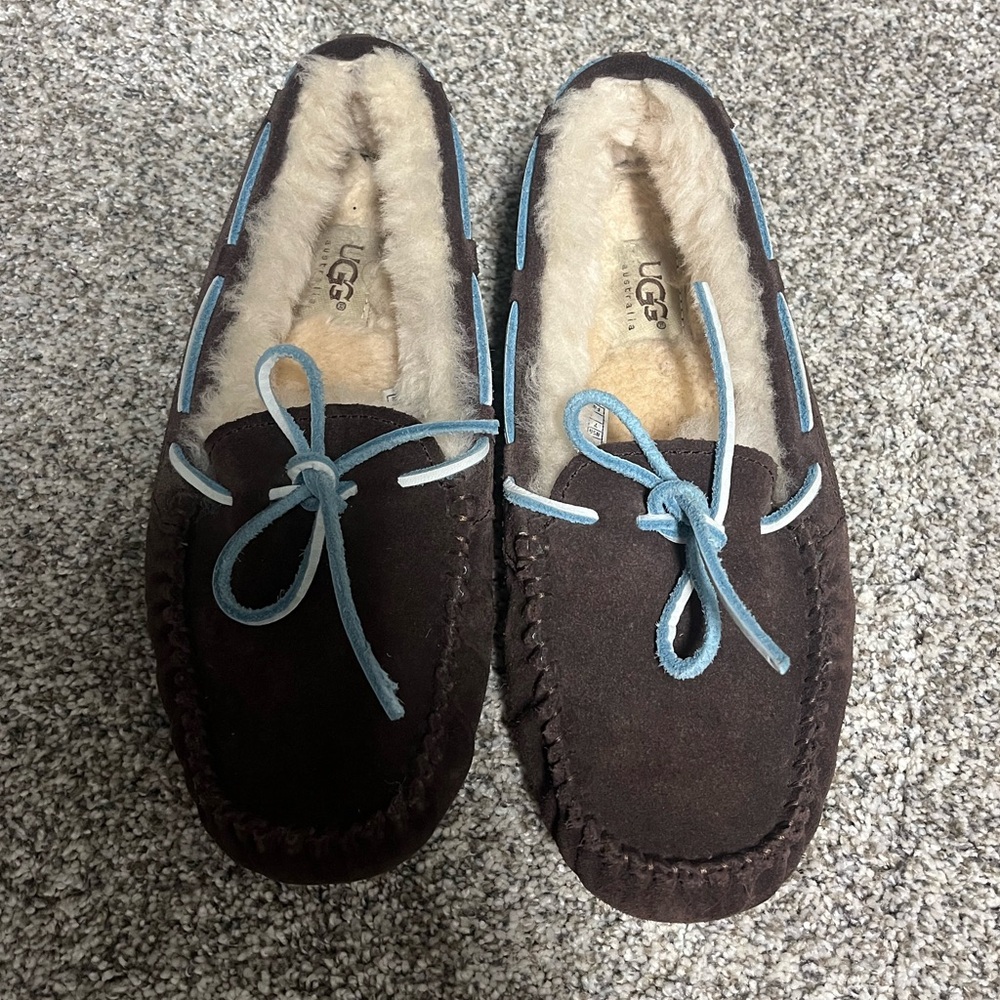 UGG Chocolate Suede Moccasins with Blue Accents